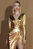 Metallic Golden V-Neck Ruched Gala Dress With Slit