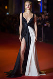 Black and White A-Line Ruched Gala Dress With Slit