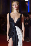 Black and White A-Line Ruched Gala Dress With Slit