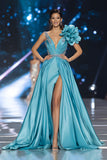 Blue A-Line V-Neck Pageant Dress With 3D Flower