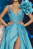 Blue A-Line V-Neck Pageant Dress With 3D Flower