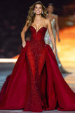Sparkly Dark Red Mermaid Strapless Pageant Dress