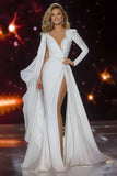 White Appliqued V-Neck Mermaid Pageant Dress With High Slit