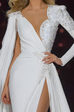 White Appliqued V-Neck Mermaid Pageant Dress With High Slit