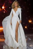 White Appliqued V-Neck Mermaid Pageant Dress With High Slit