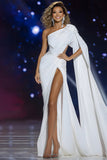 White One Shoulder Cut Out Mermaid Pageant Dress With High Slit