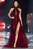 Sparkly Burgundy Mermaid Halter Pageant Dress With Slit