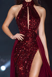 Sparkly Burgundy Mermaid Halter Pageant Dress With Slit