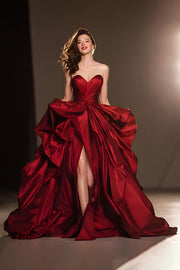 Dark Red A-Line Strapless Ruched Pageant Dress With Slit