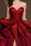 Dark Red A-Line Strapless Ruched Pageant Dress With Slit