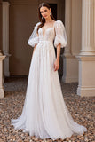 Ivory Appliqued A Line Wedding Dress with Puff Sleeves
