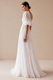 Ivory Appliqued A Line Wedding Dress with Puff Sleeves