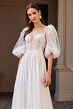 Ivory Appliqued A Line Wedding Dress with Puff Sleeves