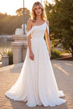Ivory Asymmetrical Neck A Line Wedding Dress