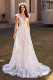 Ivory A Line Long Wedding Dress with Appliques