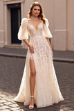 Corset Ivory Appliqued Wedding Dress with Slit