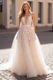 A Line Ivory Tulle Wedding Dress with Appliques