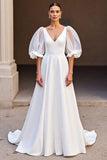 Ivory A Line V-Neck Wedding Dress with Puff Sleeves