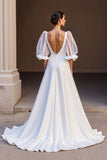 Ivory A Line V-Neck Wedding Dress with Puff Sleeves