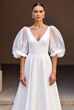 Ivory A Line V-Neck Wedding Dress with Puff Sleeves