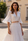 Ivory A Line 2-Piece Wedding Dress with Flutter Sleeves