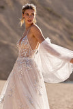 Ivory Appliqued A line Tulle Wedding Dress