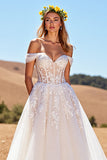Off The Shoulder Corset Ivory Appliqued Wedding Dress