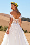 Off The Shoulder Corset Ivory Appliqued Wedding Dress
