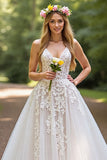 Ivory Appliqued A line V-Neck Wedding Dress