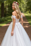 Off The Shoulder Ivory Appliqued Wedding Dress with Slit