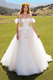 Off The Shoulder Corset Ivory Appliqued Long Wedding Dress