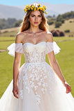 Off The Shoulder Corset Ivory Appliqued Long Wedding Dress