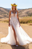 Lace A line Ivory Wedding Dress with Slit