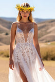Lace A line Ivory Wedding Dress with Slit