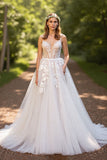Ivory A line Tulle Appliqued Wedding Dress