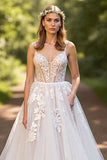 Ivory A line Tulle Appliqued Wedding Dress