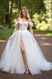 Off The Shoulder Corset Ivory Wedding Dress with Slit