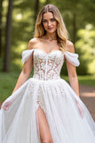 Off The Shoulder Corset Ivory Wedding Dress with Slit