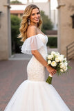 Off The Shoulder Mermaid Ivory Ruffled Wedding Dress