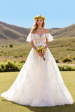 Off The Shoulder Ivory Ruffled Wedding Dress with Appliques
