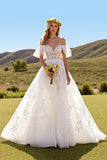 Off The Shoulder Ivory Ruffled Wedding Dress with Appliques