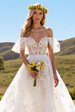 Off The Shoulder Ivory Ruffled Wedding Dress with Appliques