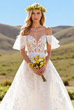 Off The Shoulder Ivory Ruffled Wedding Dress with Appliques