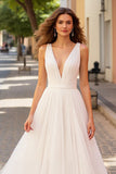 Simple Ruched A Line Ivory V Neck Wedding Dress