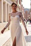 Long Sleeve Round Neck Appliqued Ivory Wedding Dress With Slit