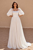 A Line Puff Sleeve Square Neck Ivory Wedding Dress