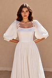 A Line Puff Sleeve Square Neck Ivory Wedding Dress