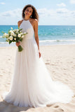 Halter Pleated A Line Ivory Wedding Dress