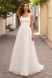 Ivory Square Neck A Line Long Wedding Dress
