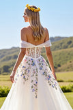 Off The Shoulder Floral Appliqued Ivory Wedding Dress